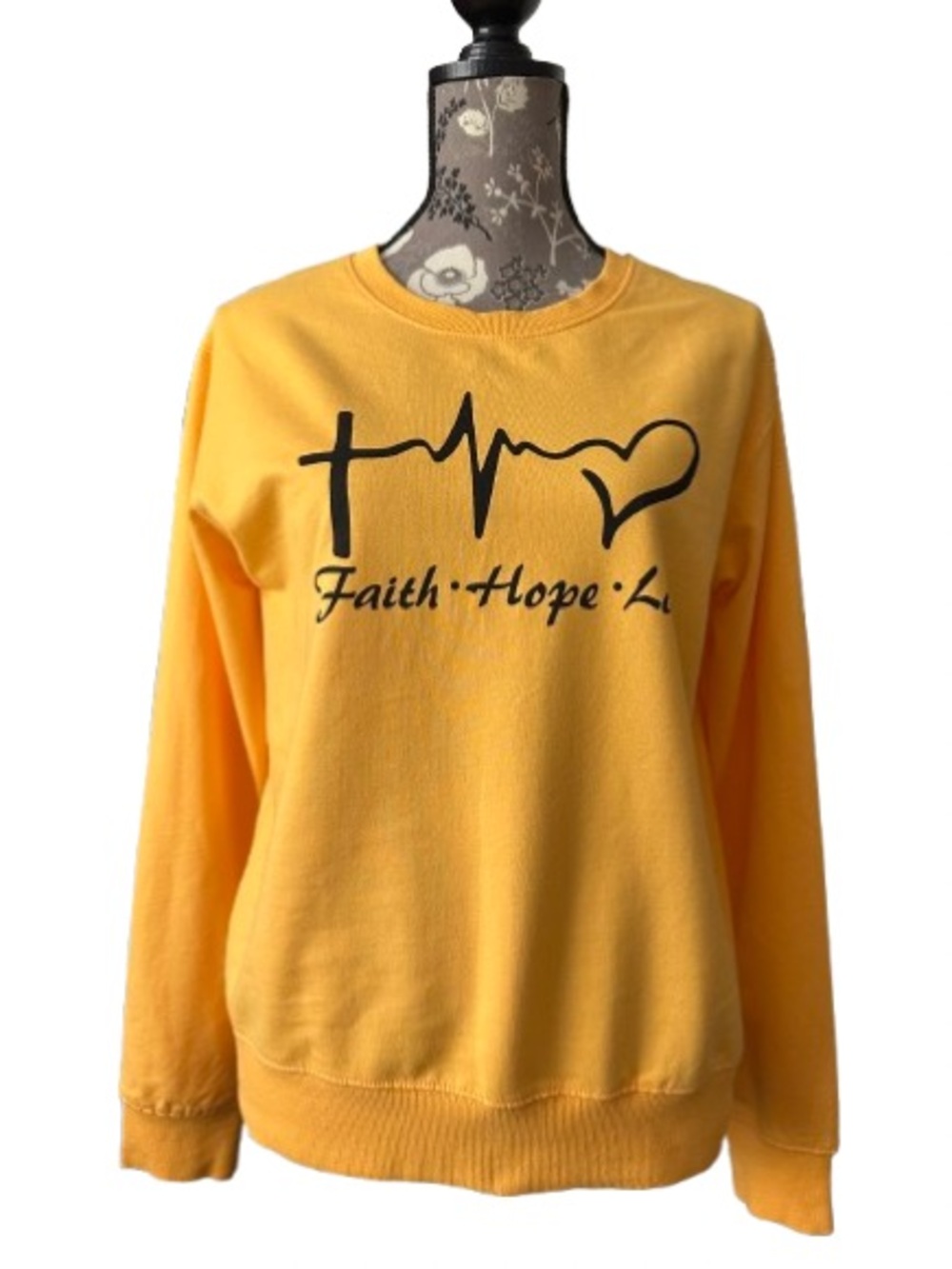 Women's L Yellow & Black Faith • Hope • Love Graphic Crewneck Sweatshirt